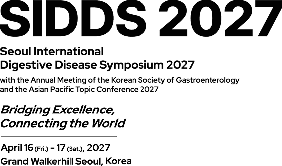 SIDDS 2027. Seoul Internationl Digestive Disease Symposium 2027 with the Annual Meeting of the Korean Society of Gastroenterology and the Asian Pacific Topic Conference 2027. Bridging Excellence, Connecting the World. April 16 (Fri.) - 17 (Sat.), 2027. Grand Wallerhill Seoul, Korea.